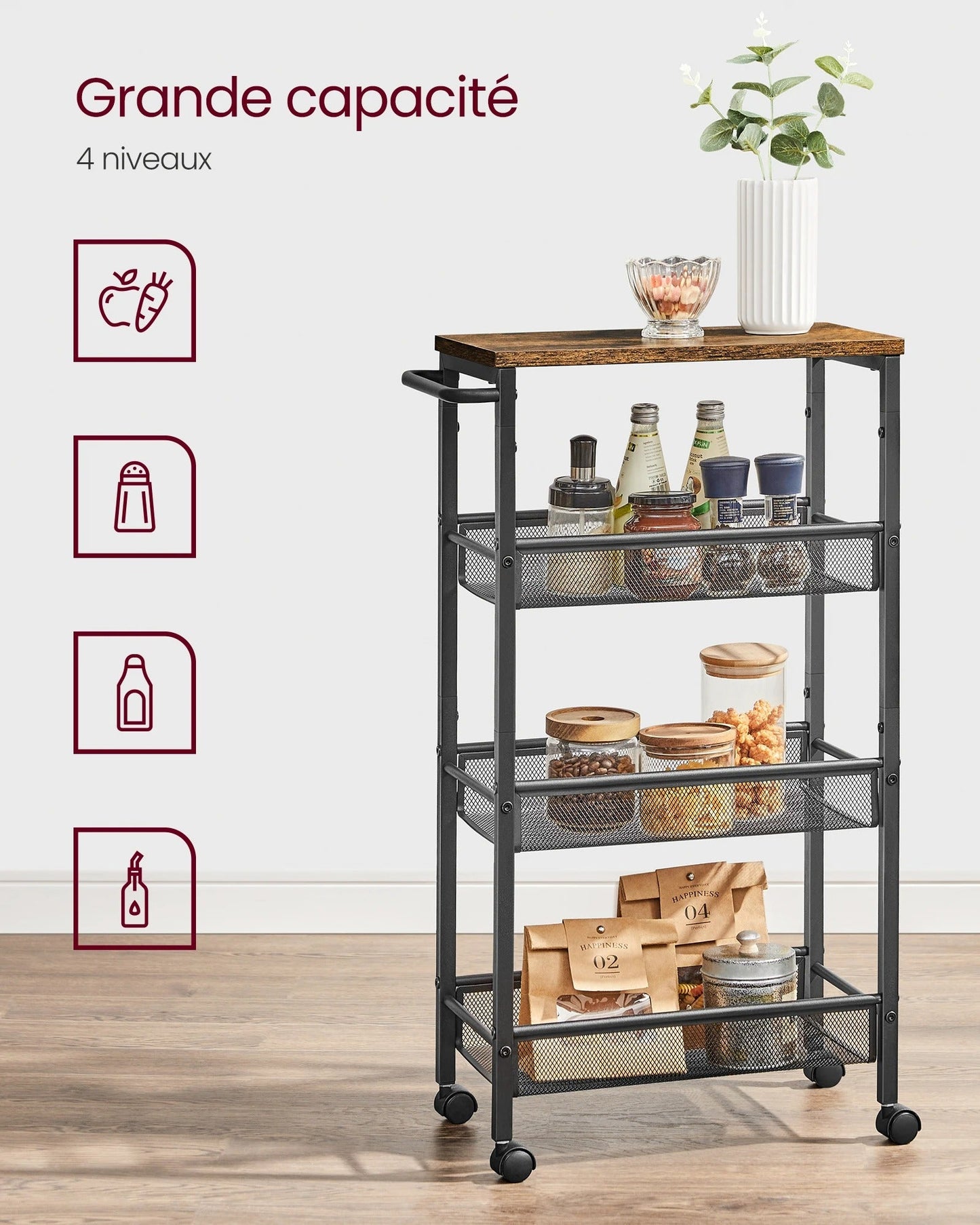 Chariot Rangement Cuisine | Compact 4 Niveaux - L'Art du Rangement