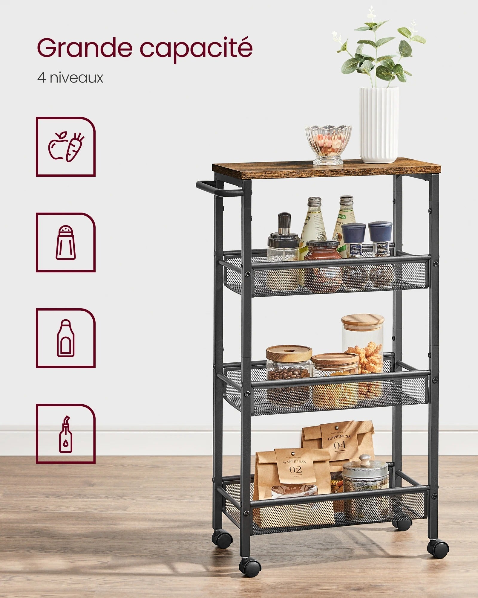 Chariot Rangement Cuisine | Compact 4 Niveaux - L'Art du Rangement