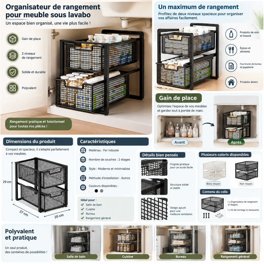 Organisateur de rangement sous évier à 2 étages en métal noir pour cuisine et salle de bain.